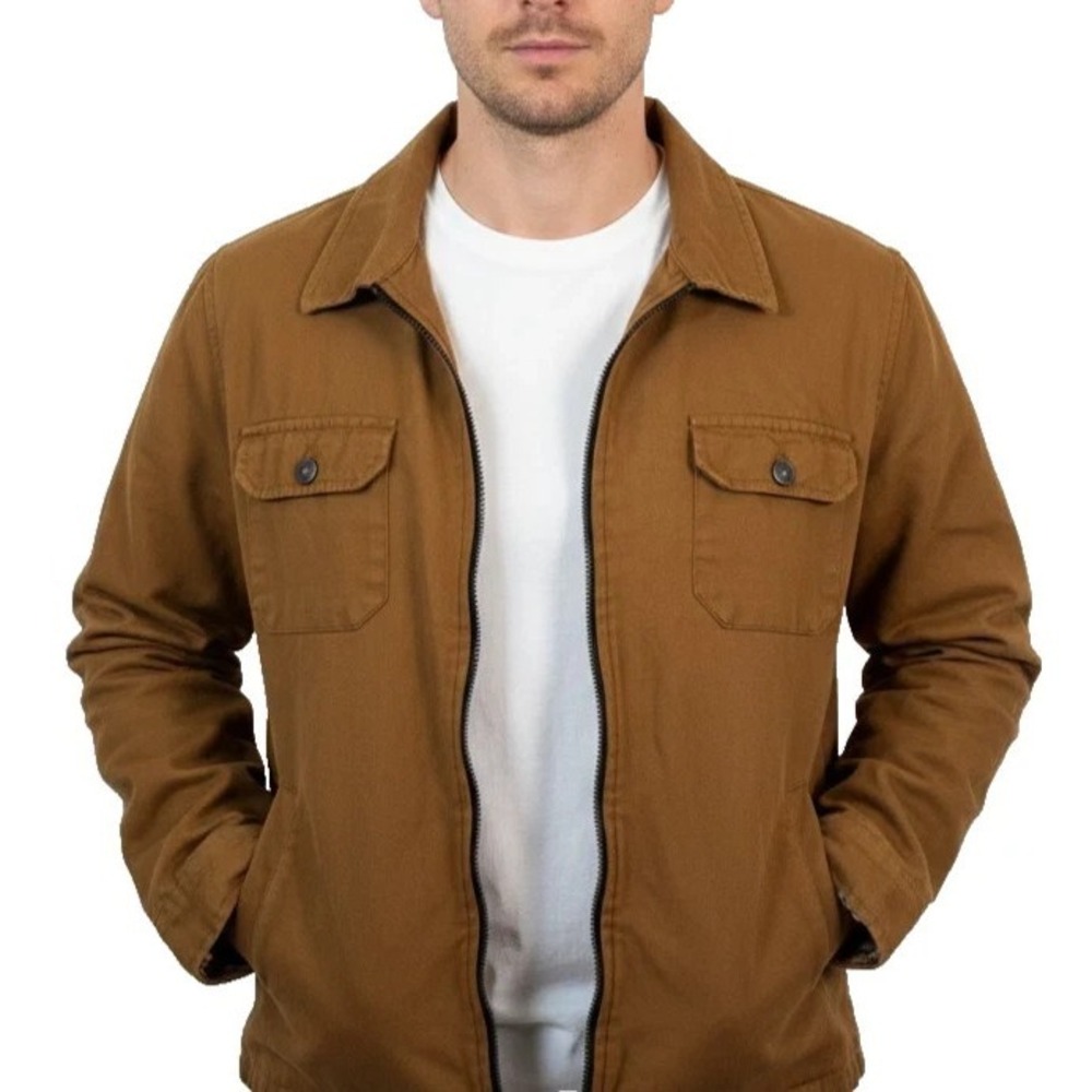 NOMAD Canvas Work Jacket Men's Size S Flannel Lined Zip Front Brown Workwear